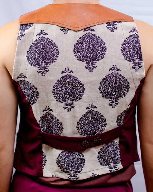 Rustic Vest in Wine Linen with Leather